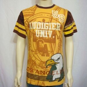 Christian Audigier Men Brown Yellow Short Sleeve Shirt Eagle Round Neck